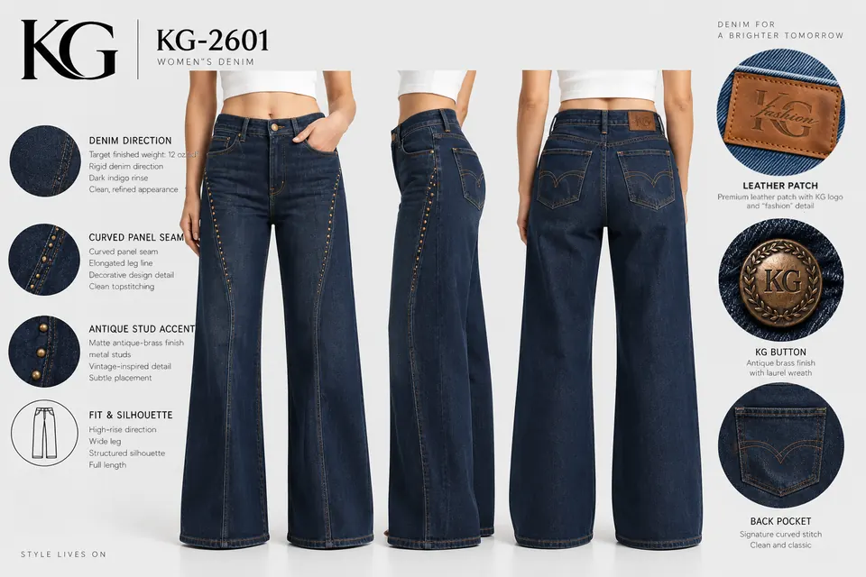 KG-2601 women’s dark-indigo curved-panel wide-leg development board