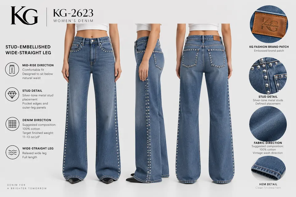 KG-2623 women’s stud-embellished wide-straight development board